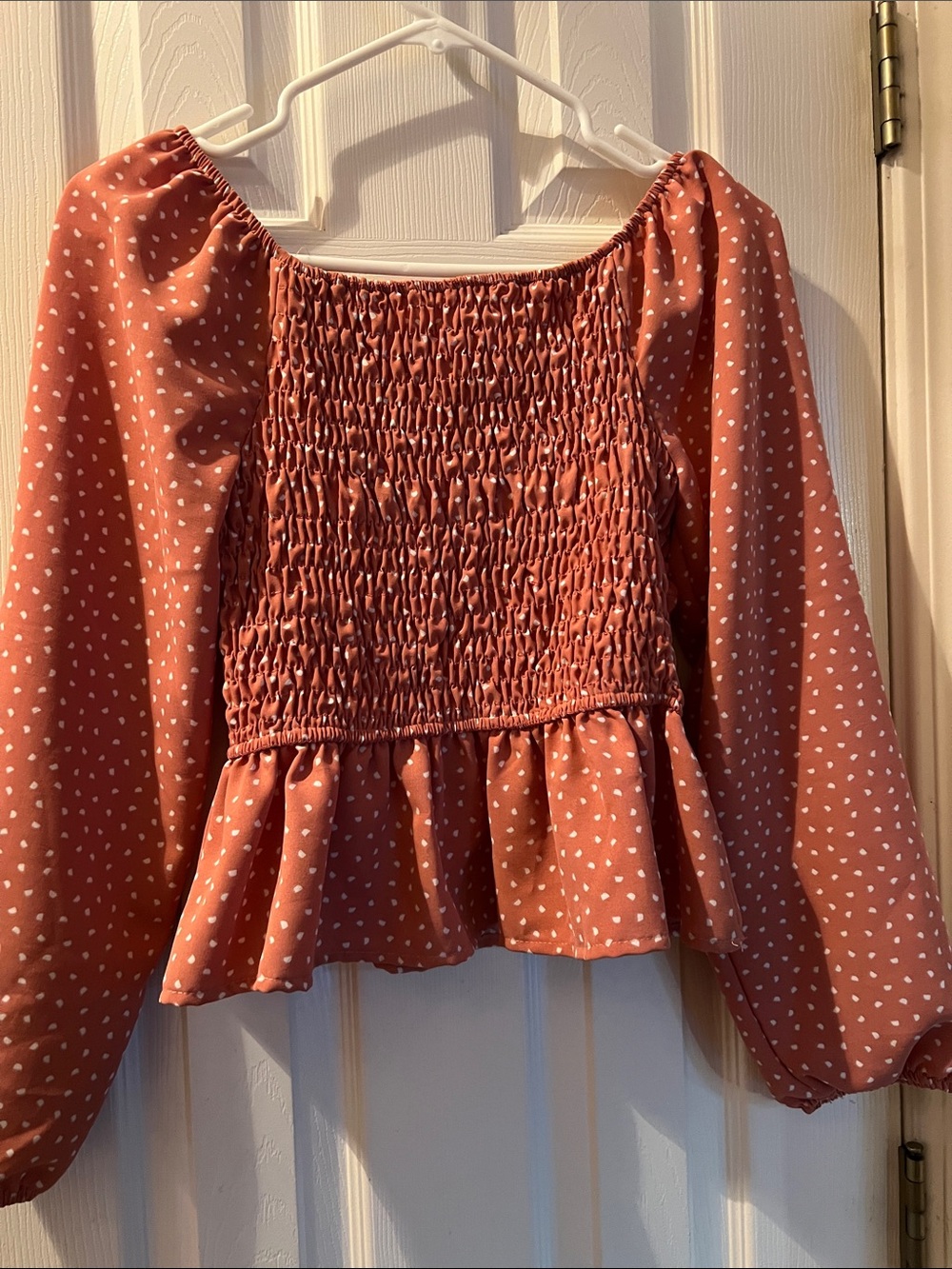 Persaya Dusty Rose Polka Dot Smocked Peplum Top
